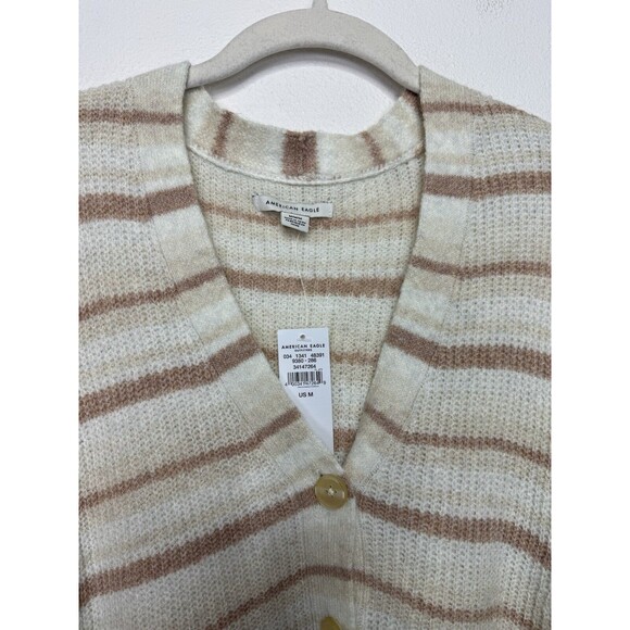 American Eagle Medium Sweater Beige Striped Cropped Button Up Balloon Sleeve NWT - Picture 3 of 12